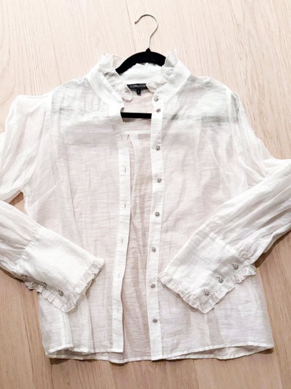CQ by CQ White Ruffle Blouse with Pearl Buttons – Size Large